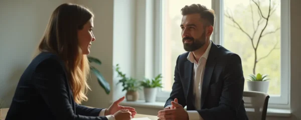 Un coach et son client en séance, profil éclairé naturellement, atmosphère de confiance et d'écoute