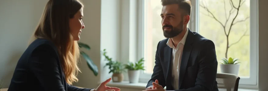 Un coach et son client en séance, profil éclairé naturellement, atmosphère de confiance et d'écoute