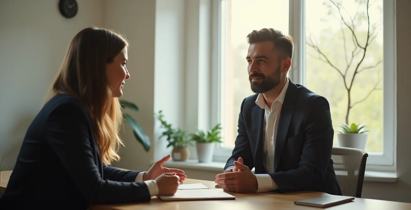 Un coach et son client en séance, profil éclairé naturellement, atmosphère de confiance et d'écoute