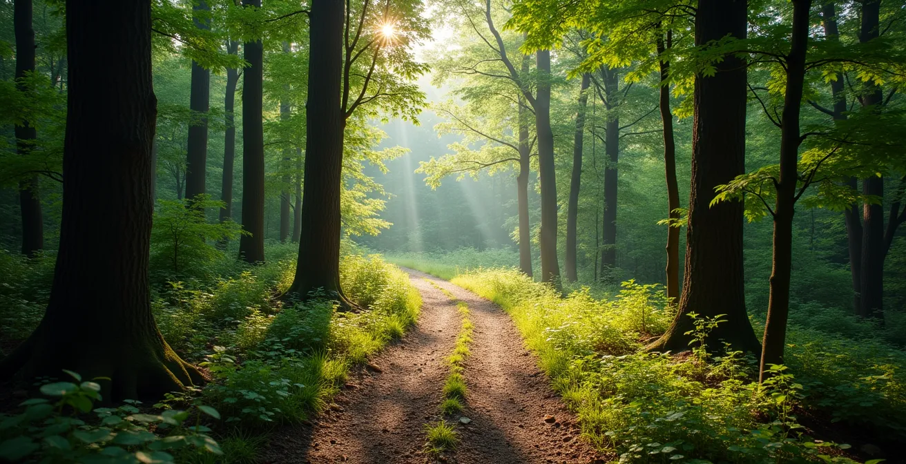 Un sentier forestier se divisant en plusieurs chemins sous une lumière naturelle filtrée