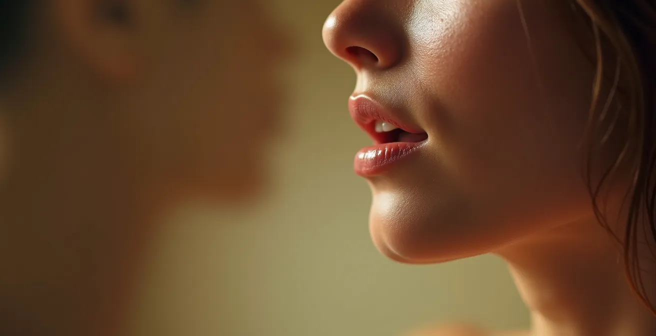 Gros plan sur une gorge humaine en action vocale, lumière douce révélant les textures de la peau